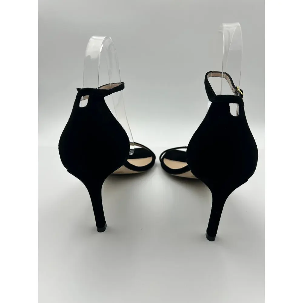 Stuart Weitzman Black Square Toe Kitten Heel Strappy Sandals Siz 8 Quiet Luxury - Picture 4 of 5